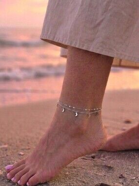 ​Silver Double Layer Crescent Moon Charm Anklet